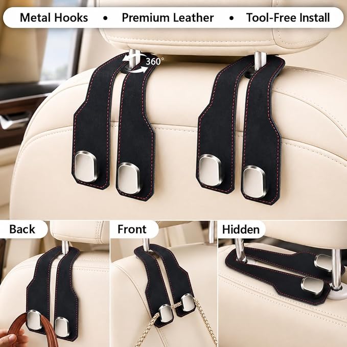 4Pcs Car Headrest Hooks with Premium Leather, Upgraded Double Metal Hooks with Anti-Drop Design, Universal Back Seat Hanger for Bags, Coats, Purses and Groceries (Stylish Black)