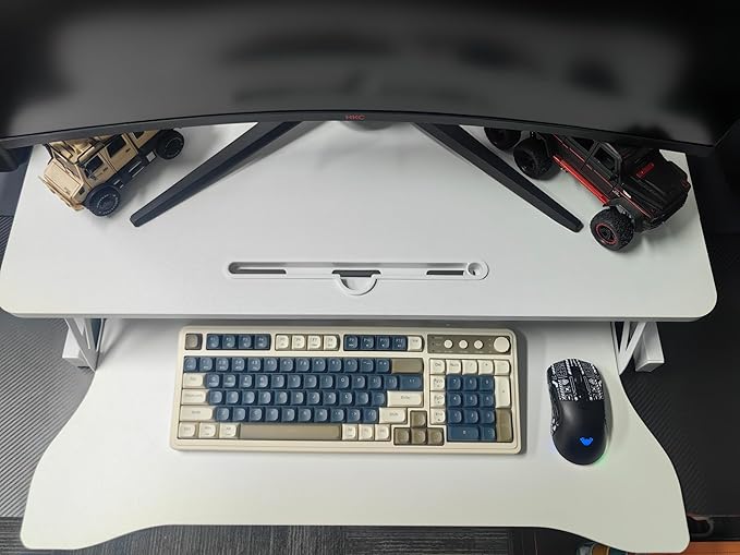 32 Inch Height Adjustable Stand Up Desk Riser, Heavy Duty Computer Workstation with Removable Keyboard Tray - Ergonomic Design for Home Office Workshop Gaming, Spacious Platform(White)