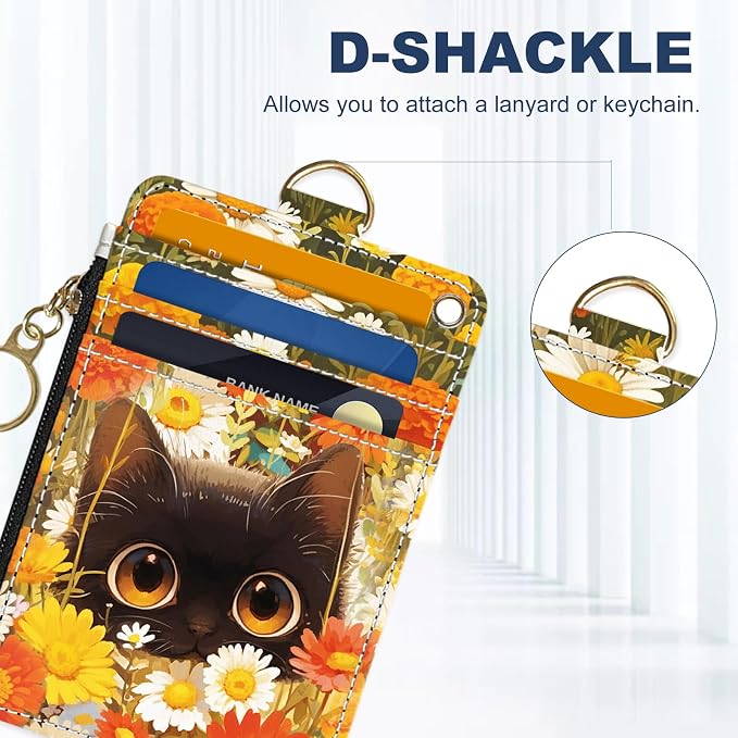 Slim Wallet Credit Card Holder, Cat and Yellow Flower, RFID Wallet Women Cute Small Front Pocket Wallet With Zipper, PU Leather Thin travel RFID Blocking Card Case ID Window,Ladies Gifts