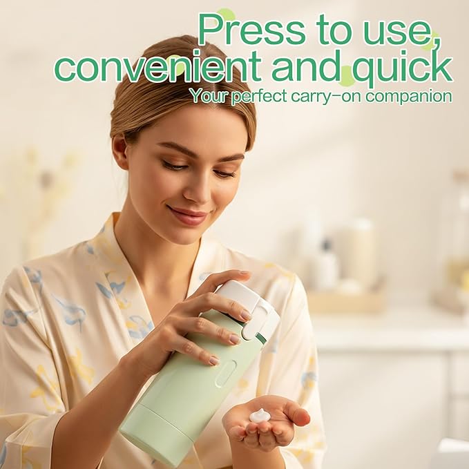 4 in 1 Travel Dispenser Bottle for Flying Essentials Camping Toiletries Pump Leak Proof Size Portable Containers for Shampoo Lotion Creams Body Wash Conditioner Refillable Attached Label (Green)