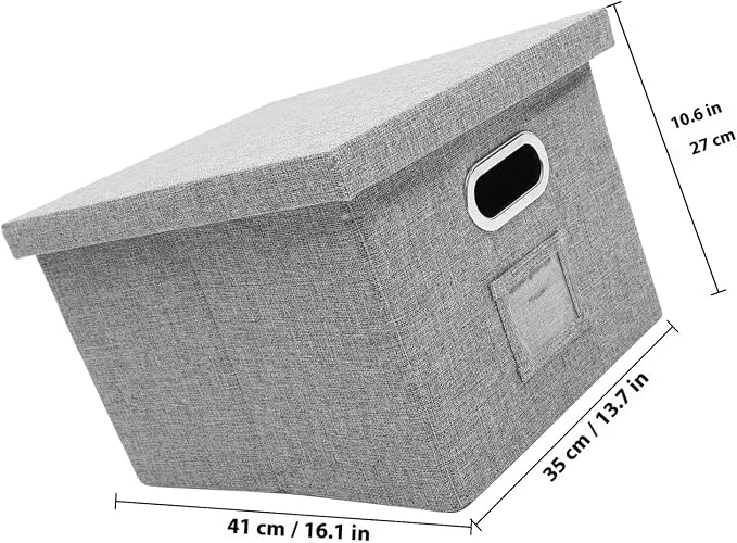 Gray Cloth File Organizer Box with Lid, Office Desk Storage Container for Document Filing and File Carrying, Stackable Desktop Storage Holder for Office Supplies