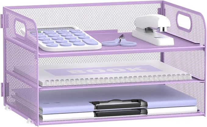 Supeasy 3 Tier Paper Organizer with Handle, Mesh Desk Organizer Letter Tray, Paper Tray File Organizer for A4 File Folder, Purple