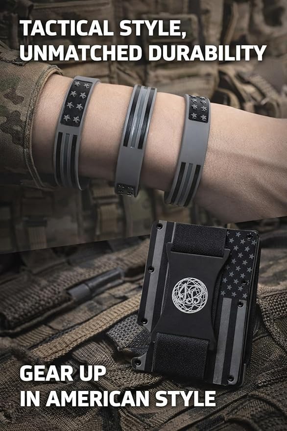Black & Gray American Flag Engraved, Minimalist Wallet, RFID Blocking Aluminum Slim Wallet (Gray Strap with 3 V.Band)