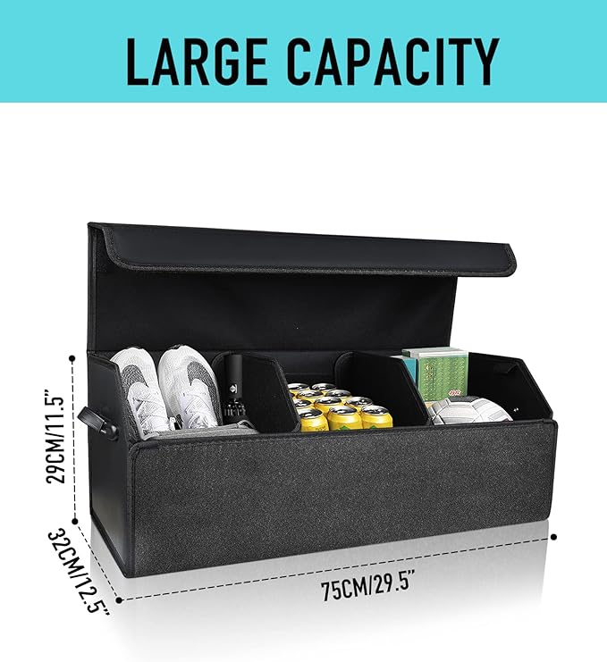 Fyzeoty Car Organizers for Trunk for Suv Sedan, Leather Storage Box,Extra Large,Magnetic Lid,Collapsible and Adjustable, S004, Black