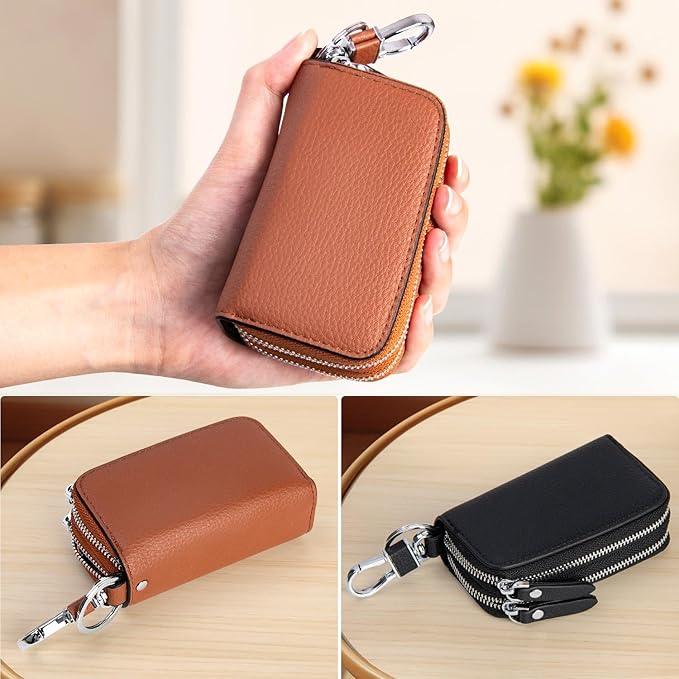 2 Pack Double Zipper Car Key Case, Retro Leather Car Key Fob Holder, Women Key Organizer with Metal Hook Keyring, Mens Vintage Key Coin Bag Black Brown