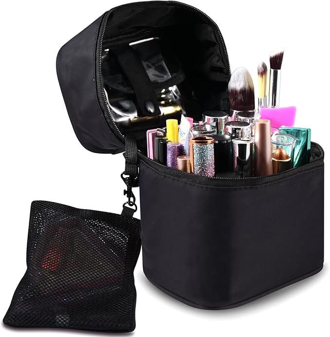 Makeup Bag Travel Cosmetic Bag 7.5x5.5x4.4 Inch Makeup Brush Holder Organizer Cute Portable Artist Toiletry Storage Bag Cosmetics Case for Women (Black)