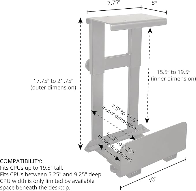 Stand Up Desk Store Adjustable CPU Desktop Computer Tower Holder Under Desk Mount