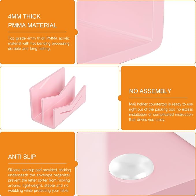 Beego Envelope and Mail Organizer Countertop - 2 Compartments Pink Acrylic Desk Organizer Letter Holder Desktop File Sorter Bill Document Folder Rack for Office, Home, School Desk Organization