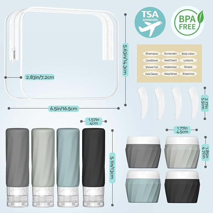 Silevoler 14pack Travel Bottles for Toiletries, TSA Approved Travel Size Toiletries Containers Set, Premium Silicone Leak Proof Refillable Squeezable & Creams jars Accessories Kit W/Clear Bag (Gray)
