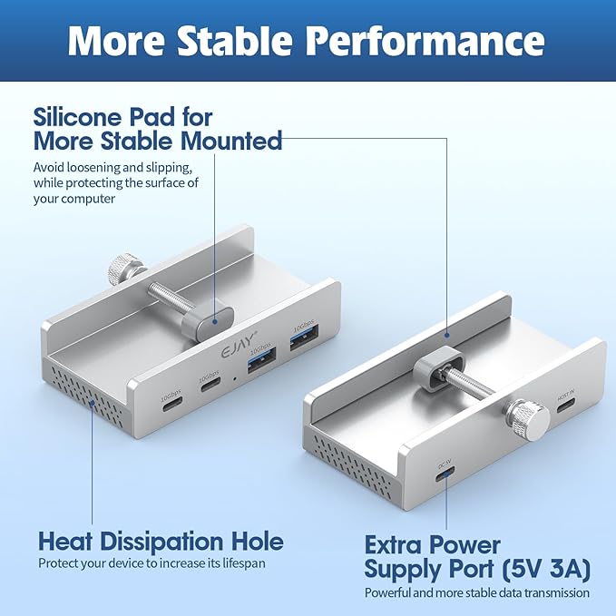 EJAY 4Ports 10Gbps USB-C HUB USB3.2 Clamp USB HUB Splitter,Mountable USB-C Adapter with Data & Power Cable for iMac 2021 and later-10Gbps(Sliver)