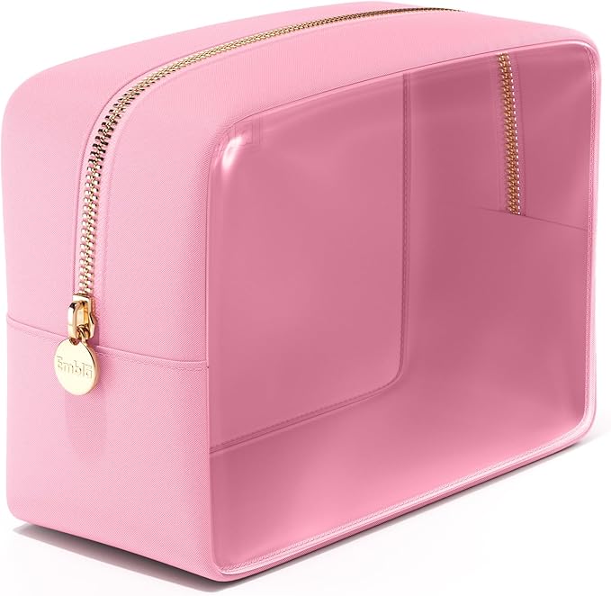 Embla Clear Large Makeup Bag Cute Big Make Up Nylon Pouches Travel Bathroom Bags for Toiletries XL Cosmetic Pouch for Women Girls Extra Large Zipper Toiletry Skincare Organizer Light Pink