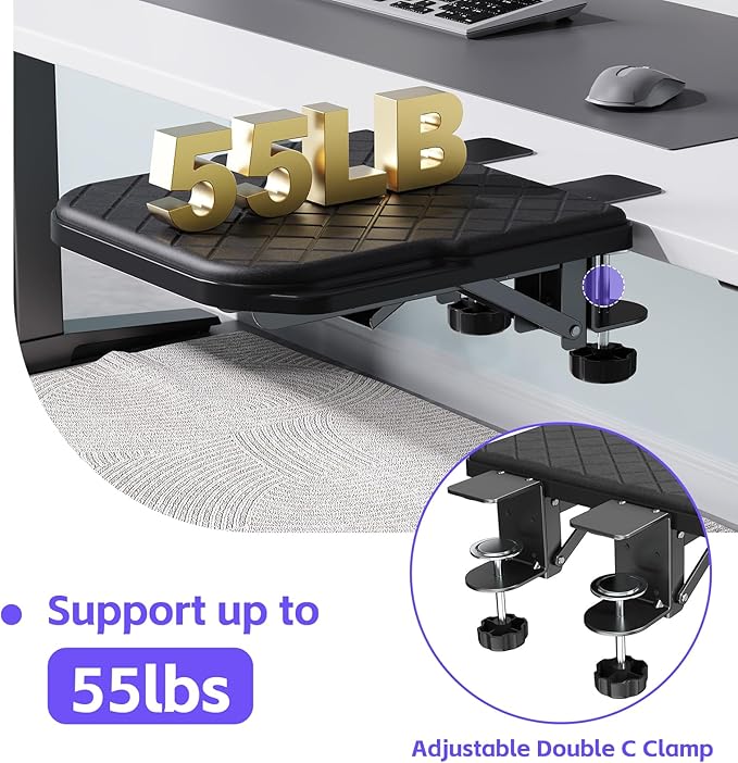 Arm Rest for Desk, 90°Foldable Computer Wrist Rest Shelf with Sponge Padding, Clamp on Arm Support, Ergonomic Sturdy Desk Extender for Office & Home, Durable & Easy to Install (All Black)