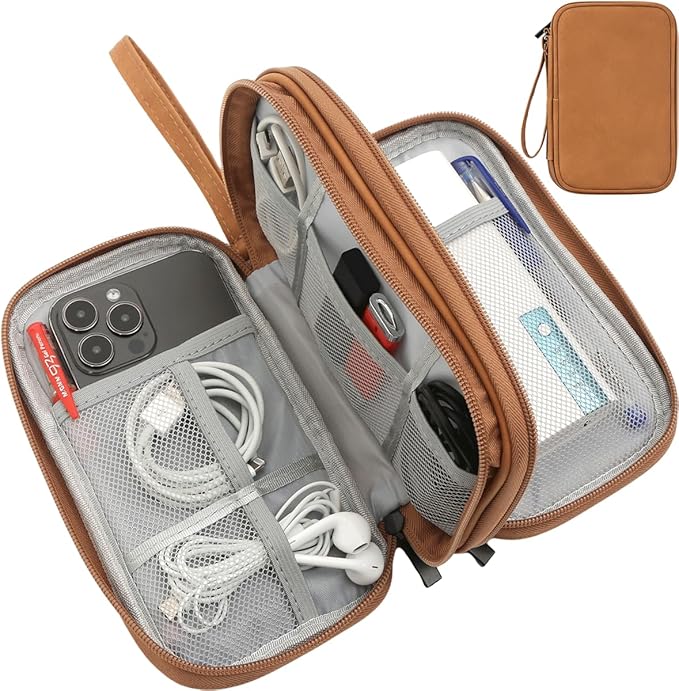 CAAORDKSO Universal Electronics Accessories Carrying Case, Electronic Cable Organizer Bag, Travel Cable Accessories Bag Pouch for Cable, USB, Cord, Charger, Phone, Power Bank, Earphone (Brown, Large)