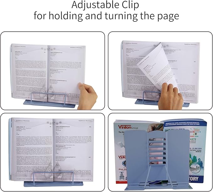Blizzow Desk Book Stand Holder - Hands Free, Adjustable Metal Stand, Lightweight Foldable Portable - Cookbook, Tablet, Music Book, Documents (Light Blue)