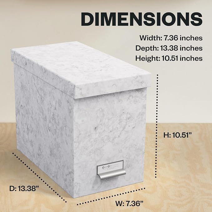 Bigso John Fiberboard Label Frame Desktop File Storage Box - Document Organizer for Important Paperwork - Durable Hanging File Box with Lid & Metal Label Window - 7.36 x 13.38 x 10.51 in - Marble