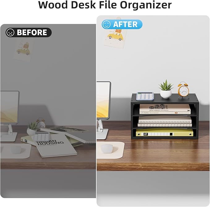 Marbrasse 3-Tier Wood Desk Organizer, Paper Letter Tray Organizer for Desk, Wooden Desktop File Organizer with Handle and Paper Sorter Mail Holder for Office School & Home Supplies Organization-Black