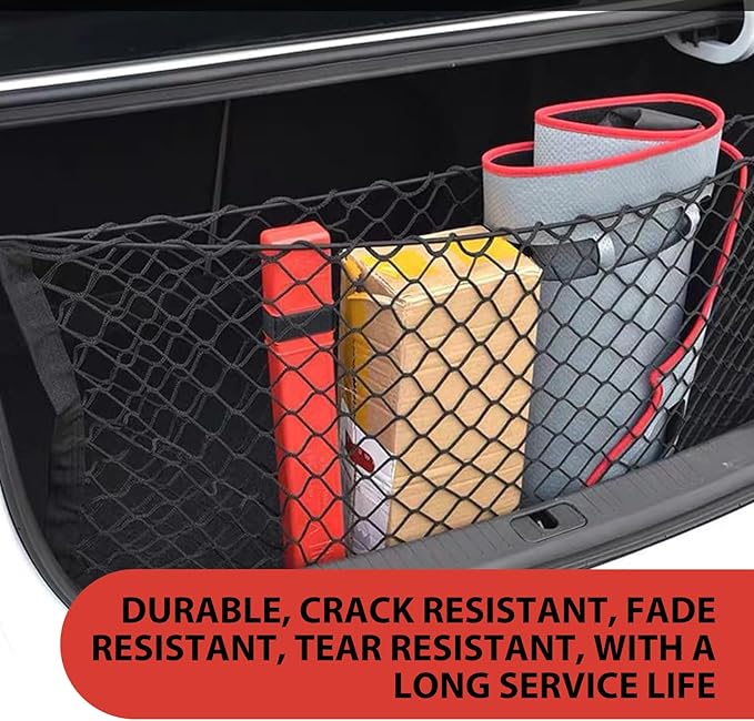 SLIMI 1 PC Rear Cargo Net, Elastic Stretchable Trunk Storage Net, Adjustable Cargo Mesh Net with Hooks, Universal Auto Storage Mesh for Most Cars, SUVs, Trucks (Black)