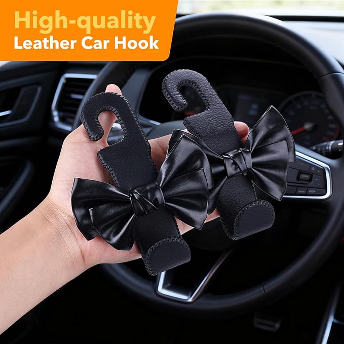 Car Purse Hook, Cute Bow Hooks for Headrest - Leather U-Shaped Purse Holder for Car, Flexible Seat Back Organizer & Durable Vehicle Accessories for Bags, Coats & More (Black-2 Pack)