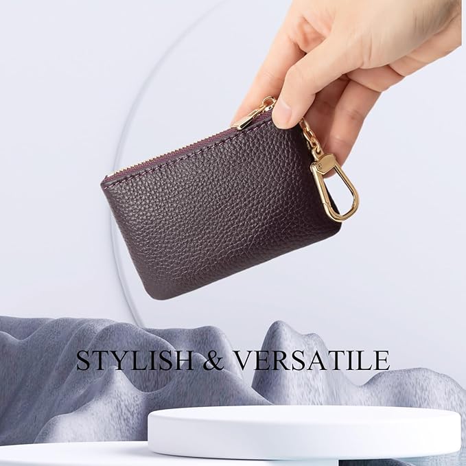 Full Grain Leather Coin Purse with Key Chain - Small Change Purse Keychain Card Holder Keychain Pouch Small Keychain Wallet for Women and Men (Eggplant Purple)