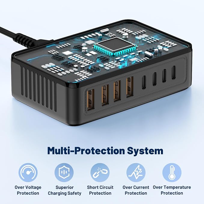 Essri 8-Port USB C Charging Station,65W GaN USB C Charger Block,PD 3.0 Desktop Charger, Power Strip Adapter Compatible with iPhone 17/16/15/14,MacBook Air/Pro,DELL, iPad Pro,Galaxy and More,Black