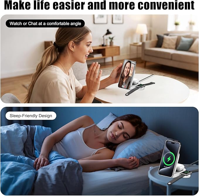 3 in 1 MagSafe Wireless Charging Station, 15W Magnetic Fast Charger for iPhone 17/16/15/14/13/12 Series, Apple Watch & AirPods, Foldable Portable Charging Stand for Desk, Bedside & Travel, White