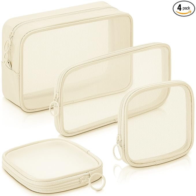 Weewooday 4 Pcs Mesh Makeup Bag Mesh Cosmetic Bag Travel Toiletry Pouch with Zipper Mini Makeup Cosmetic Purse for Daily Accessory(Small, Large, Medium,Beige)