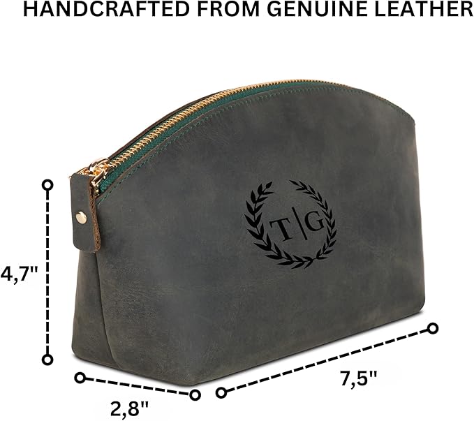 Blade Premium Personalized Genuine Leather Cosmetic Makeup Bag - Wedding Gift for Bridesmaid, Travel Organizer Clutch for Women with Zipper Pouch for Toiletry Essentials (Green)