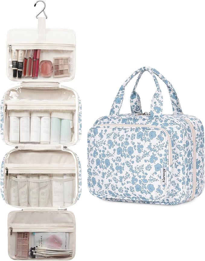 Narwey Travel Toiletry Bag for Women Large Hanging Makeup Bag Organizer Toiletries Bag for Full Size Essentials Accessories Cosmetics (Blue Flower (Large))