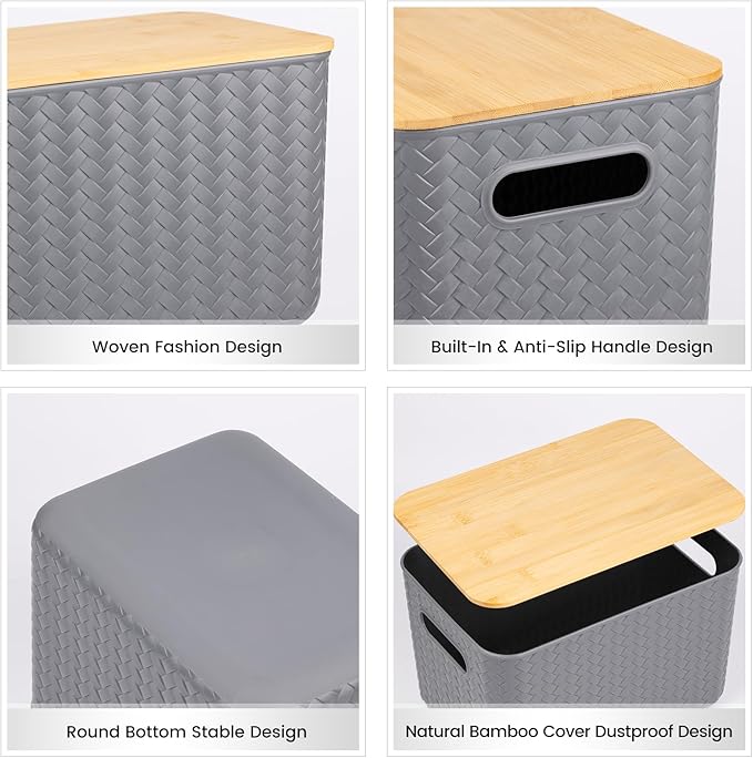 Ohmlove 4 Packs Storage Bins with Bamboo Lids - Plastic Storage Containers with Lids Stackable Storage Box：Storage Baskets for Organizing Desktop Closet Playroom Classroom Office,Gray