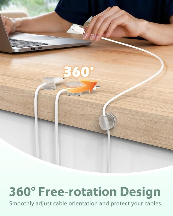Rotatable Cord Organizer, Snap-Lock Cable Clips Phone Charger Cord Holder, 8 Pack Desk Cable Management, Adhesive Wire Organizer for Nightstand/Car/Kitchen/Office Accessories/Room Decor, Clear