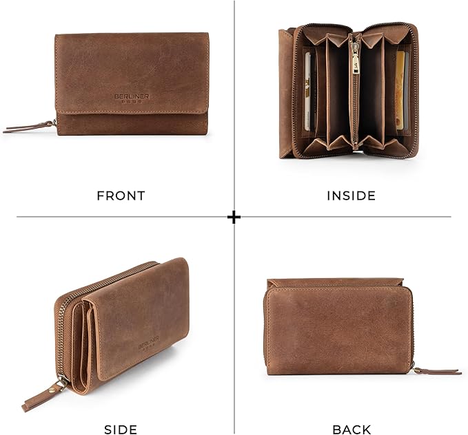 BERLINER BAGS Vintage Genuine Leather Wallet Vienna, RFID Blocking Credit Card Holder, Trifold Clutch Purses, Zip Around Womens Wallet for 19 cards, ID window, Bills, Coins - Brown