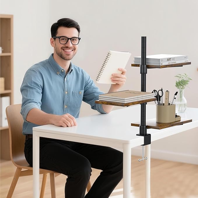 Clamp On Desk Shelf 3-Tier, Adjustable Height Wood Shelving Unit for Office Desk Gaming Accessories, 360° Rotatable Storage Tray, Desktop Book Organizer Storage Rack, Shelf for Top of Desk