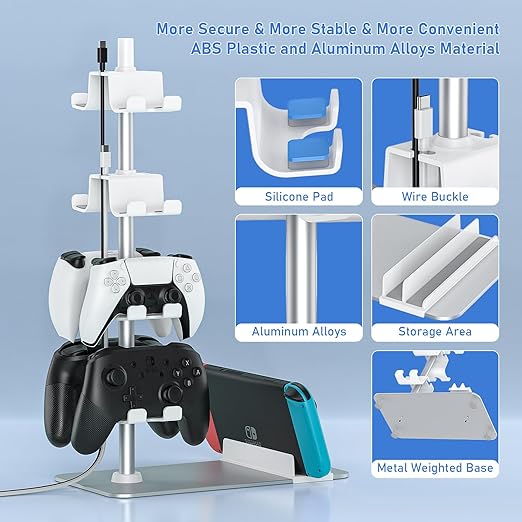 MANMUVIMO Controller Holder for 8 Xbox PS5 PS4 Gaming Controller, Controller Stand Desk, Gamer Gifts for Men, Organizer Rack for Headset/iPad/Mobile Phone, Gaming Room Accessories(White)