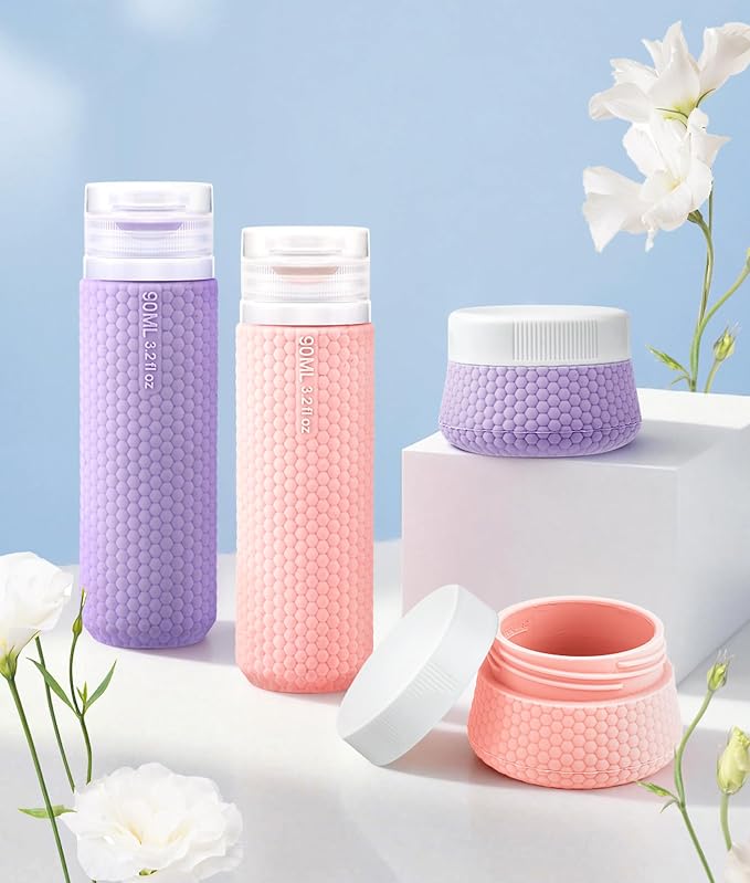 Travel Bottles for Toiletries, TSA Approved 3oz Leak Proof Travel Size Liquid Containers, BPA-Free Refillable Silicone Squeeze Bottles, Ideal for Shampoo Lotion and Conditioner (4 Pack)