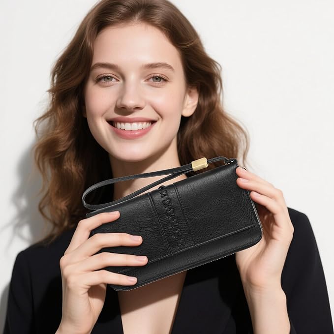 GOIACII Wallet for Women Ladies Wristlet Long Purse Zip Around Clutch RFID Blocking Vegan Leather