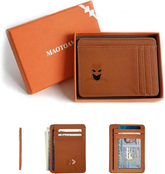 Leather Bat Wallet for Men and Women Personalized Wallet,Design with Cut-out Face,Slim Pocket Bat ID Wallet for Quick Access,Multiple Card Slots and Cash Compartments, the Best Gift for Holiday（Brown）