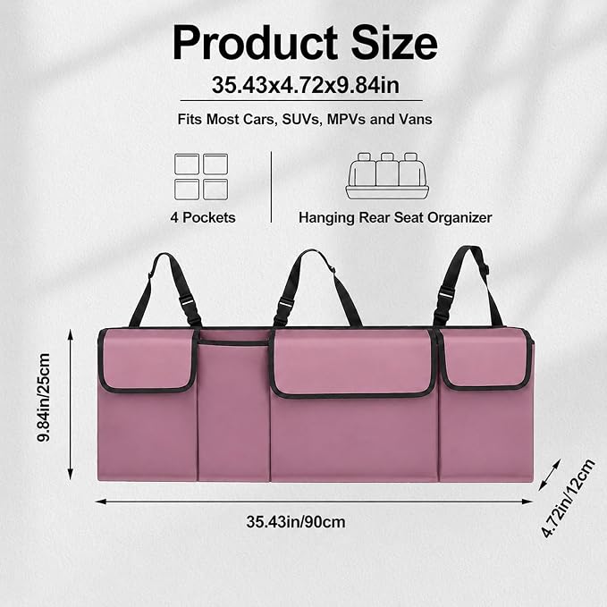 Car Trunk Organizer, Waterproof Backseat Hanging Large Storage with Adjustable Straps, Collapsible Cargo Bag with 4 Pockets, Sturdy Space Saver Frees Trunk Floor for SUV, Truck, MPV (Pink)