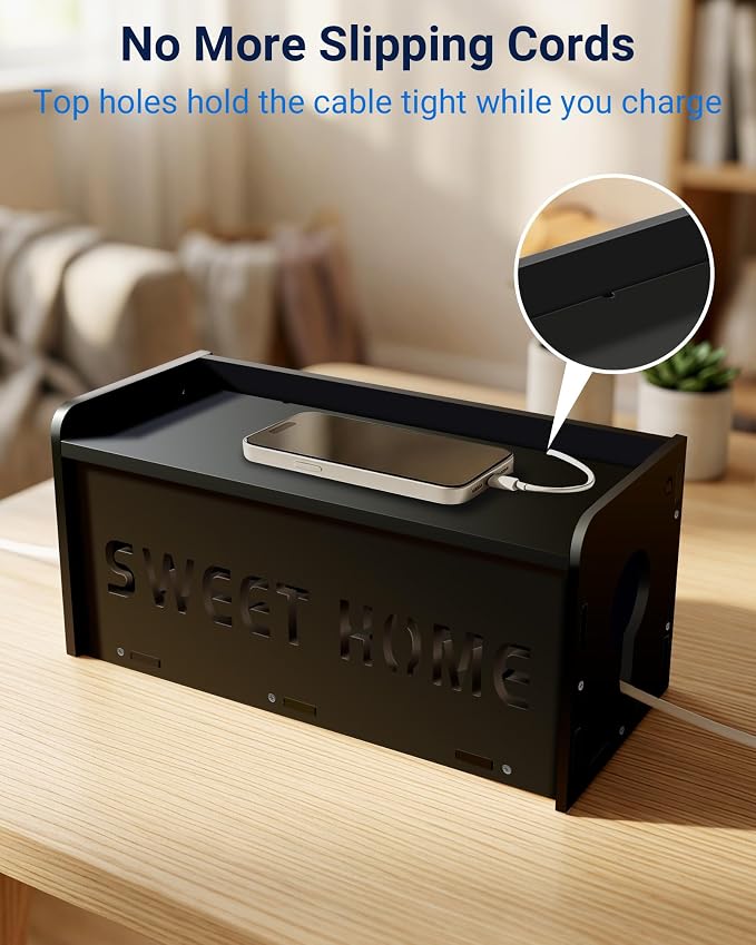Large Cable Management Organizer Box, Imitation Wood Plastic Cord Organizer Management Boxs, Cord Hider Box for Power Strip Router & USB Hub & TV Wires, Suitable for Both Home and Office (Black)