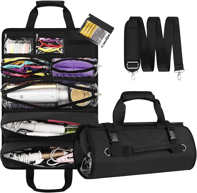 Hair Tools Travel Bag, Roll Up Tool Bag Organizer for Hair Stuff, Hairstylist Traveling Bag with 8 Detachable Zipper Pouch, Professional Cosmetology Bag for Hairdresser Barber, Heat Resistant Lining