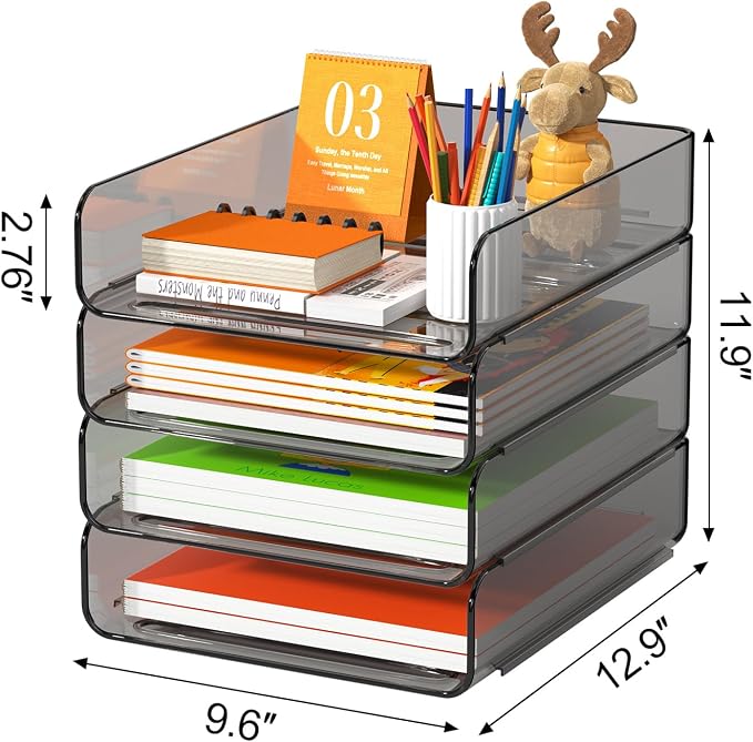 FANXIYQ 4-Tier Acrylic Paper Tray Organizer, Smoked Brown Stackable Desk File Organizer for Documents, Files, Letters, A4 Paper, Books, Notes, Mail & Paper Storage, Office Classroom Home