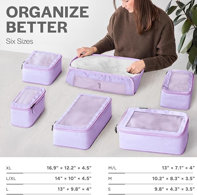 Aerotrunk Compression Packing Cubes for Travel - Luggage Organizer Bags - Double Zipper Packing Cubes for Suitcases (12-Pack, Purple)