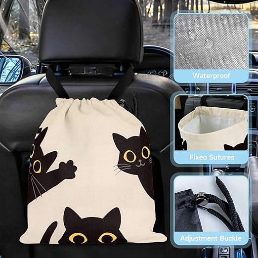 Three Black Cats Car Trash Bag - Waterproof Car Trash Bag Hanging Leakproof Car Garbage Bag - Washable Reusable Trash Bag For Car Interior Hanging Organizer Storage Vehicle Travelling Camping