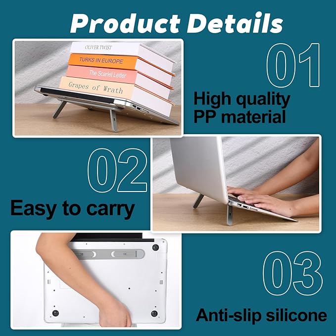 Foldable Keyboard Riser Stand, Self-Adjusting Laptop Feet with Dual Angles Small Computer Stand Portable PP Computer Keyboard Lift for Desk Grey Laptop Legs