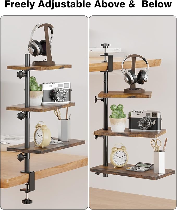 3 Tiers Clamp On Desk Shelf, 360° Angle Adjustable Desktop Shelf Organizer for Home Office Gaming Room, No Drill Desk Extender Adapt to 0.4-2.16 inches Table Thick, Black Brown