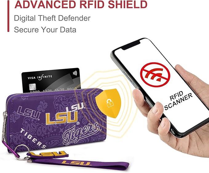 Official LSU Tigers Wristlet Purse for Women - NCAA Licensed Game Day Clutch Wallet with RFID Blocking | Perfect Graduation Gift for Daughter, Sorority, Alumni NC-LSU011PP