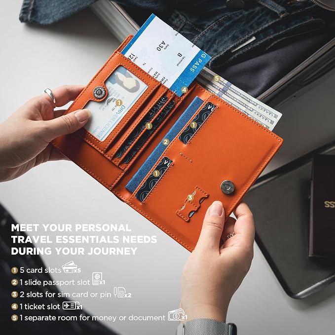 VULKIT Cute Passport Cover for Women, RFID Blocking Slim Passport Book Holder, Leather Travel Passport Wallet with Magnetic Closure Orange