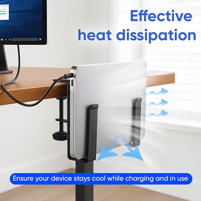 OOKUU Adjustable Desk Side Laptop Holder, No Drill Laptop Side Desk Mount, Hanging Side Desk Laptop Stand, Non-Slip Scratch-Resistant Pad（Black）