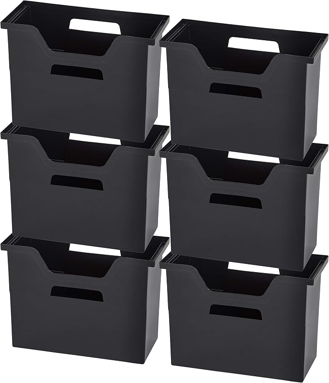 IRIS USA Medium Portable Desktop File Box with Open Lid, 6 Pack, Side Handles, Tabs & Inserts, Hanging File Folders, Letter-Size File Magazine Newspaper Mail Document Notebook, Black
