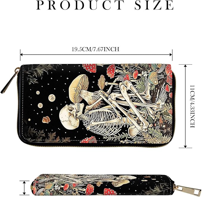 RFID-Blocking Zip Around Wallets for Women with Detachable Wrist Strap,Large Capacity Phone Holder with Card Organizer & Coin Pocket,Skull Men Mushroom Star