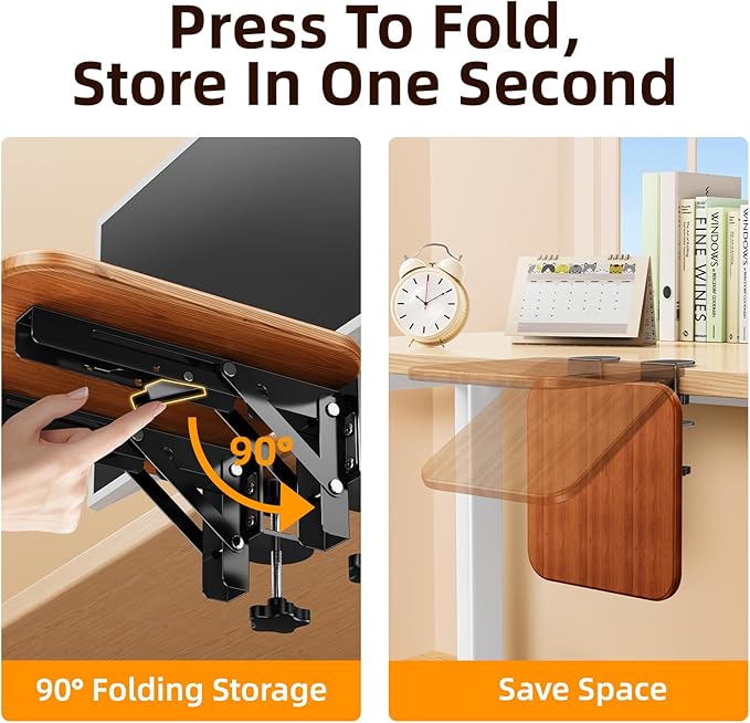 Ergonomic Desk Extender Tray, 8.2"x7.6" Table Mount Arm Wrist Rest Shelf, 90° Foldable Elbow Support, Clamp on Computer Arm Rest for Desk, Office & Home Use, Wood
